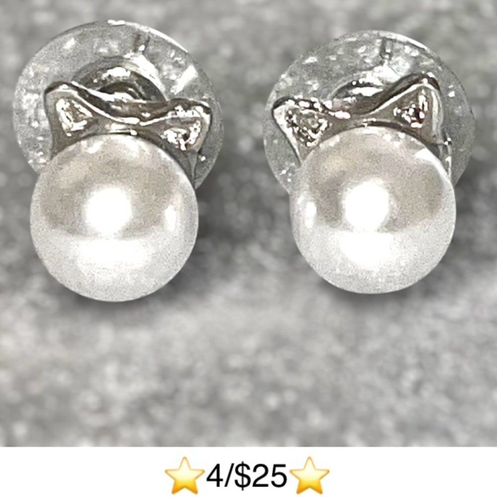 Cat Ear Faux Pearl Post Back Stud Earrings, Silver